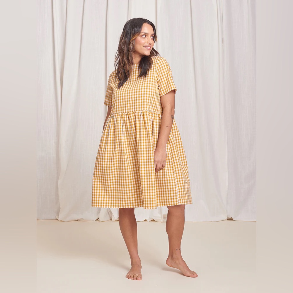 Tradlands Nico dress in gingham marigold